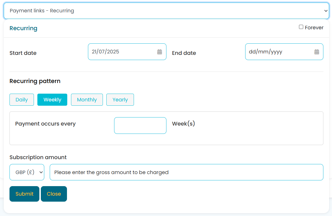 Paytia recurring payment link setup interface for ecommerce showing online form configuration with customer-actionable payment plans